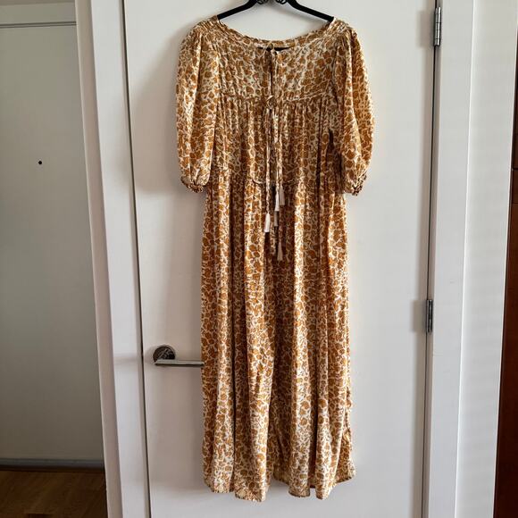 Natalie Martin Silk Floral Midi Dress Brown Front Tie Tassels Half Sleeve Sz L - Picture 1 of 6